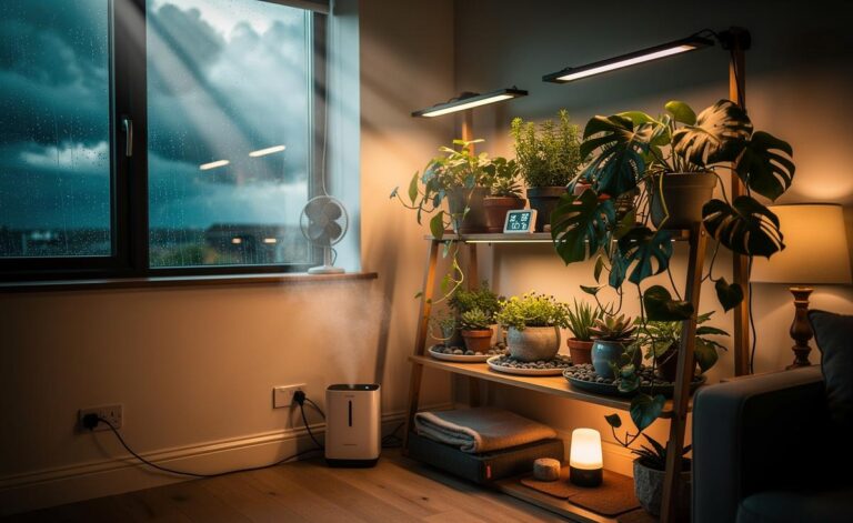 Illustration of a thriving indoor garden resilient to unexpected weather changes, featuring LED grow lights on timers, a thermo-hygrometer, gentle fans for airflow, grouped plants on pebble trays, and a simple emergency kit