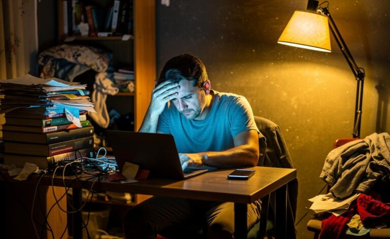 Illustration of a stressed person at a cluttered home workspace, surrounded by piles of papers, tangled cables, and overflowing shelves, symbolising the link between clutter and stress