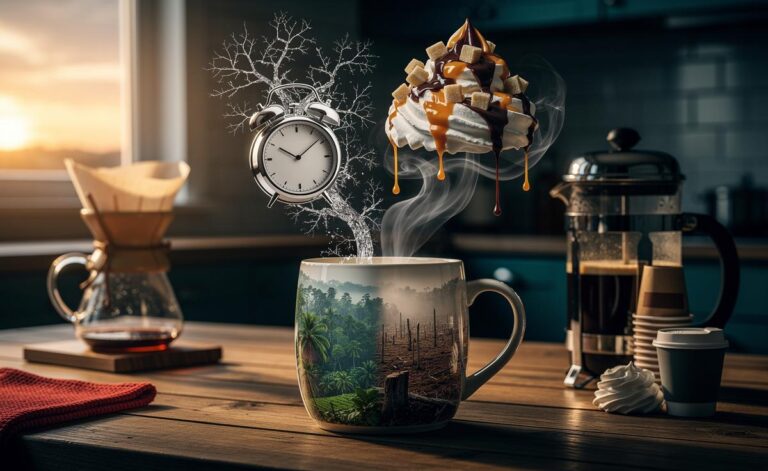 Illustration of a morning coffee ritual highlighting caffeine’s effects, hidden sugars and calories, environmental footprint, and brewing method differences
