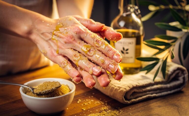 Illustration of a sugar and olive oil hand scrub being massaged onto hands for gentle exfoliation and moisturising