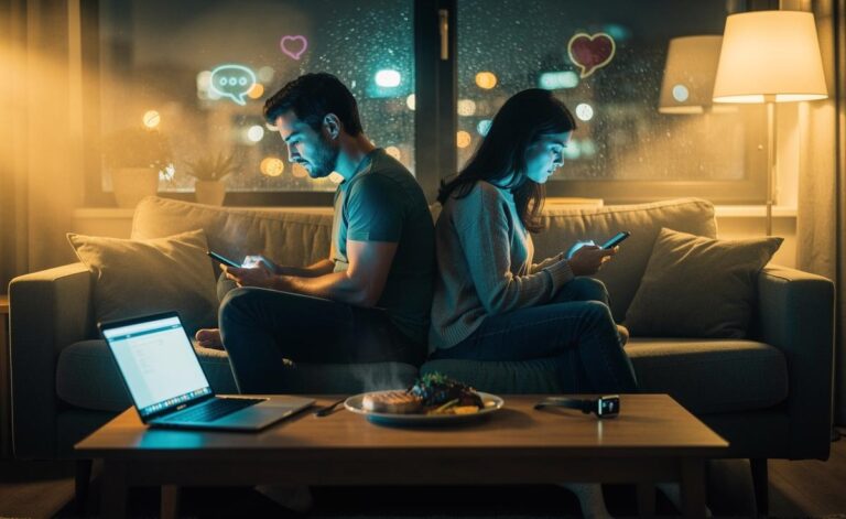 Illustration of a couple on a sofa, physically together but absorbed in their smartphones, with floating alerts and unread badges symbolising phubbing, digital jealousy, work notifications, and sleep loss straining their relationship