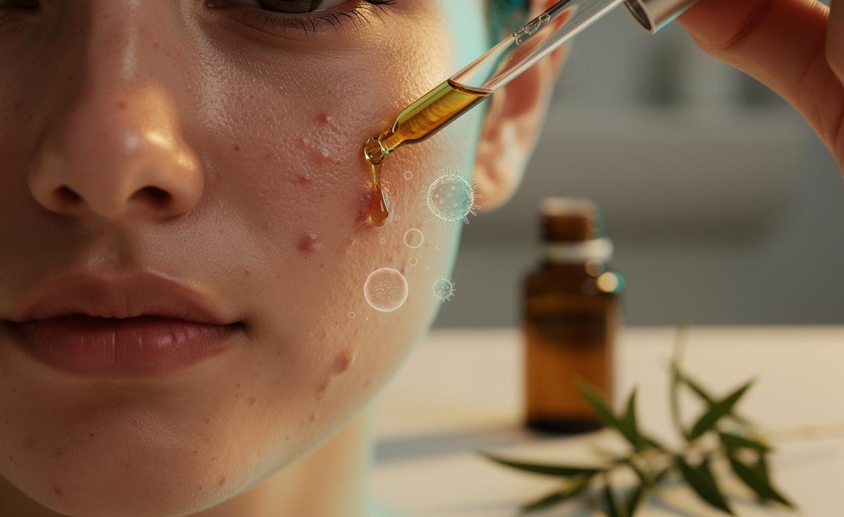 Illustration of tea tree oil being applied to acne-prone skin as a natural antiseptic to fight bacteria