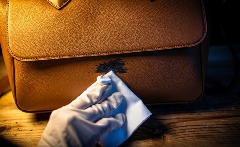 Illustration of [plain white toothpaste applied with a soft cloth to lift a small mark from finished leather on a handbag]