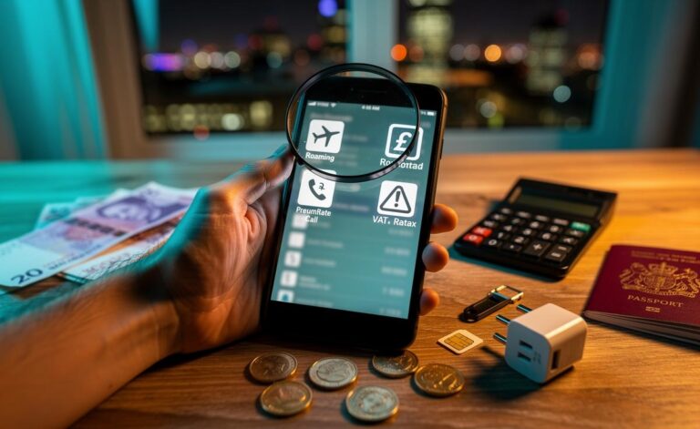 Illustration of a UK mobile phone bill being examined, showing itemised charges, VAT, roaming fees, premium-rate numbers, and pro-rata calculations.