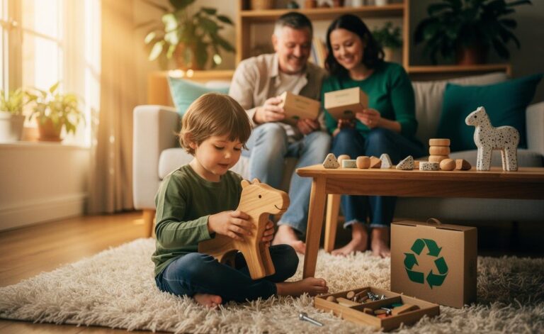 Illustration of UK parents selecting eco-friendly toys for their children