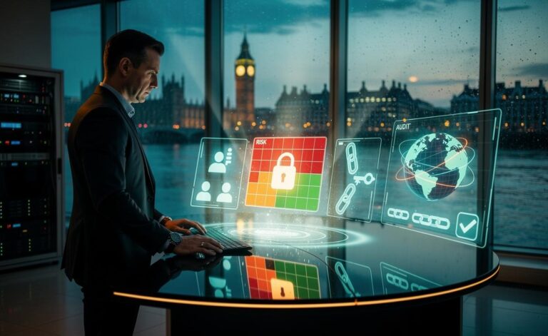 Illustration of navigating the UK’s 2026 digital security laws with risk mapping, MFA, zero trust controls, evidence-based compliance, and supply chain governance