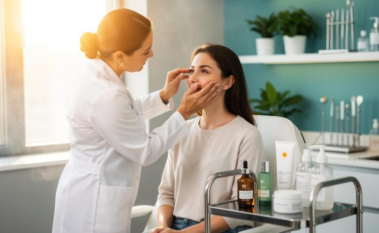 Illustration of a dermatologist advising a patient on a barrier-first skincare routine—gentle cleanser, moisturiser, retinoid or salicylic acid, and daily SPF—for clearer skin