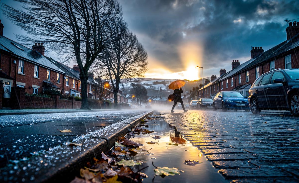 Illustration of the UK December weather alert with cold snaps, frost, gales, flooding risk, and hill snow