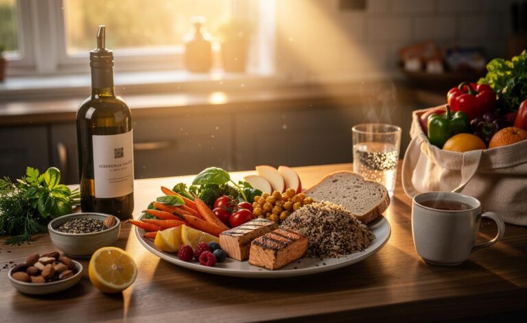 Illustration of the latest UK nutritional guidelines for a balanced daily diet, highlighting less free sugar, more fibre, healthier fats, lower salt, and plant-based proteins