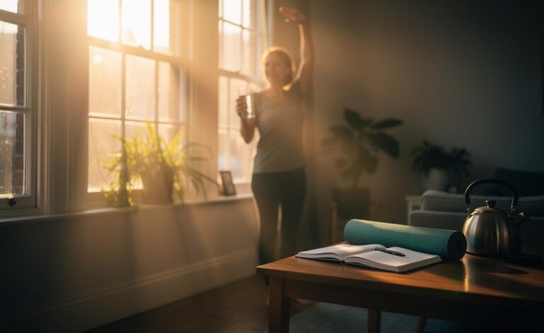 Illustration of a person starting a new morning routine with natural light, water, gentle movement, planning on paper, and calm breathwork