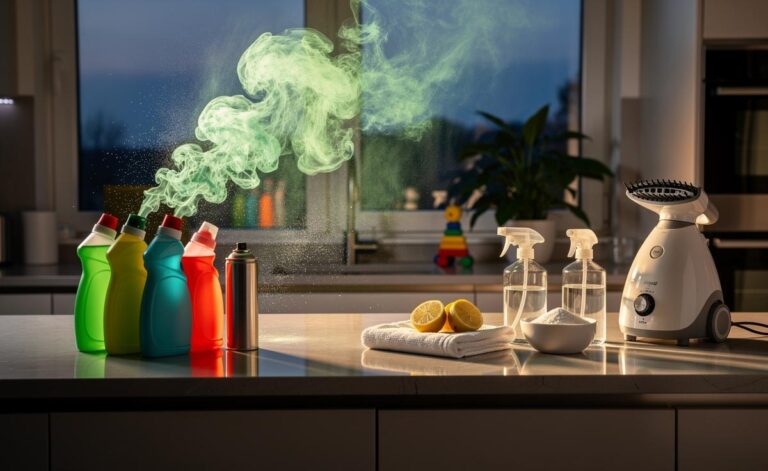Illustration of common household cleaning products emitting fumes linked to health and environmental risks