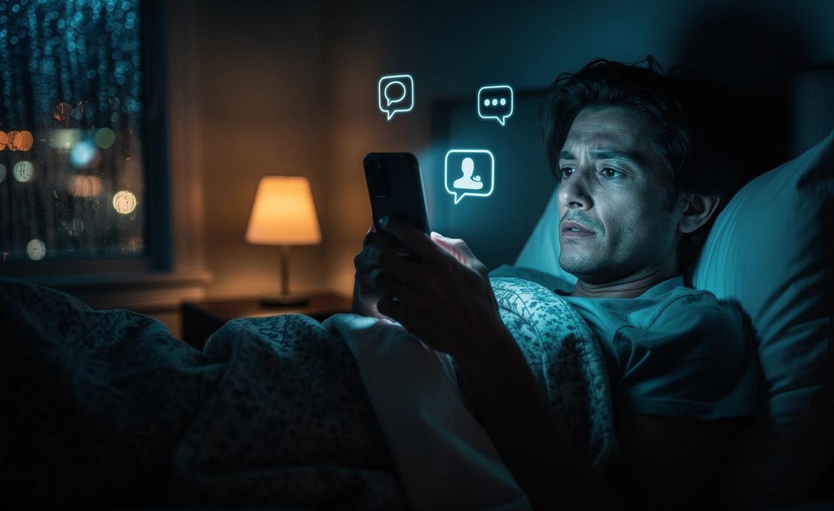 Illustration of a person lying awake in bed at night, face illuminated by smartphone blue light and buzzing notifications that disrupt sleep