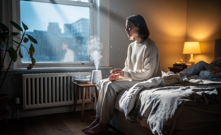 Illustration of low-humidity winter conditions in the UK in 2026 affecting mood through dry indoor air, reduced comfort, and disrupted sleep