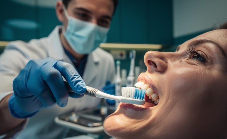 Illustration of a dentist explaining common tooth-brushing mistakes and proper 45-degree gumline brushing technique