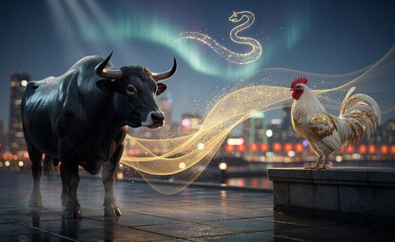Illustration of the Ox and Rooster Chinese zodiac signs experiencing waves of fortune on January 11, 2026