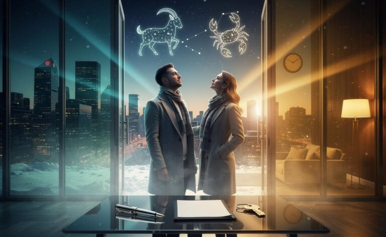 Illustration of Capricorn and Cancer embracing a life-defining moment on 7 January 2026, symbolised by zodiac symbols and a calendar