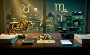 Illustration of Taurus and Scorpio symbols with money elements representing a financial windfall this week
