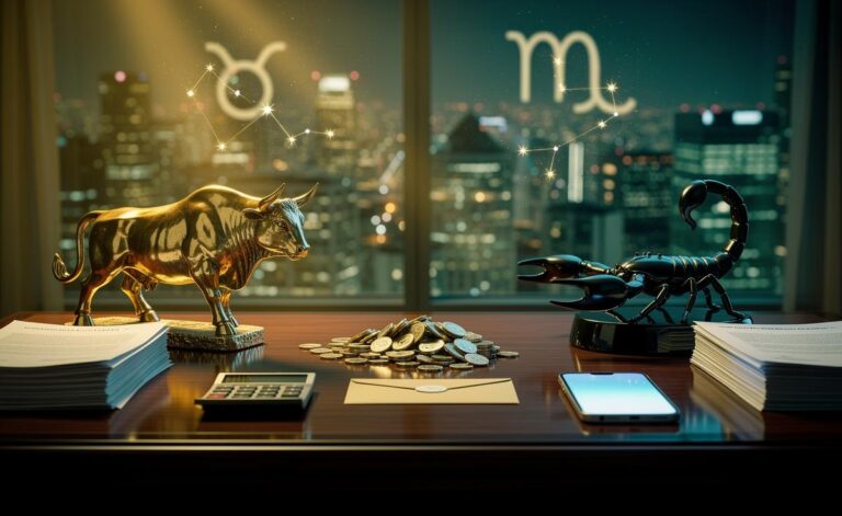 Illustration of Taurus and Scorpio symbols with money elements representing a financial windfall this week
