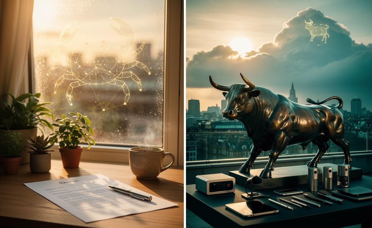 Illustration of the zodiac signs Cancer and Taurus encountering major opportunities on 10 January 2026