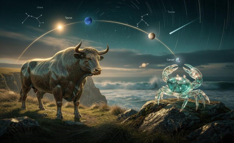 Illustration of Cancer and Taurus experiencing a lucky streak on 6 January 2026, highlighted by supportive transits like Jupiter in Cancer and Uranus in Taurus