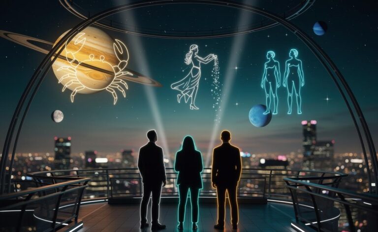 Illustration of the three zodiac signs—Cancer, Aquarius and Gemini—attracting long-term luck from 1 January 2026 amid Jupiter in Cancer, Saturn in Aries, Uranus in Gemini, and Pluto in Aquarius