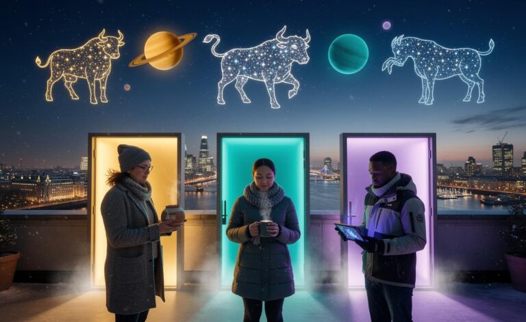 Illustration of three zodiac signs attracting unexpected opportunities on January 1, 2026