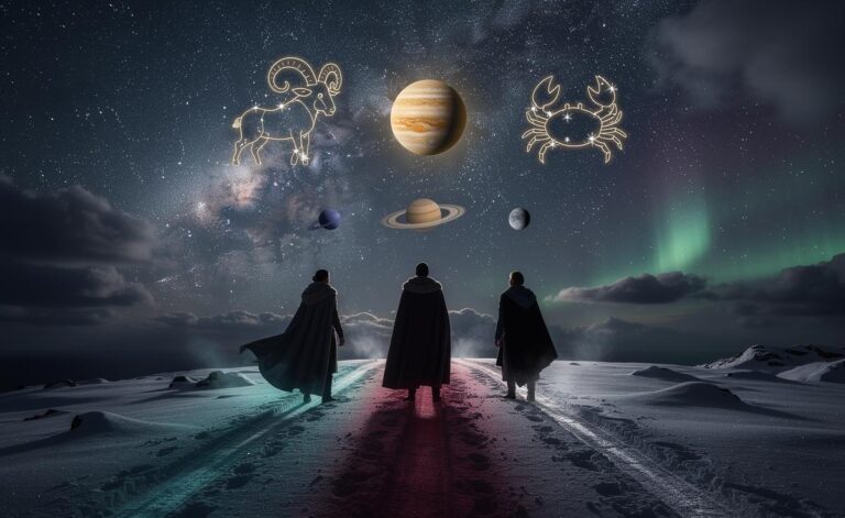 Illustration of three zodiac signs—Aquarius, Aries, and Cancer—beginning a life-changing journey on 10 January 2026, guided by Pluto, Saturn, and Jupiter