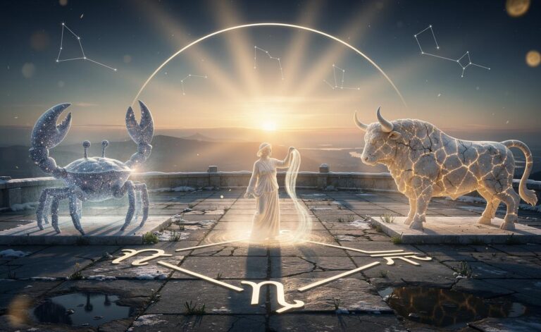 Illustration of Cancer, Taurus, and Aquarius beginning a prosperous cycle on 11 January 2026