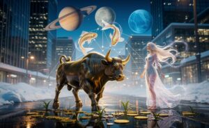 Illustration of the zodiac signs Taurus, Virgo, and Pisces beginning an era of financial growth on January 6, 2026