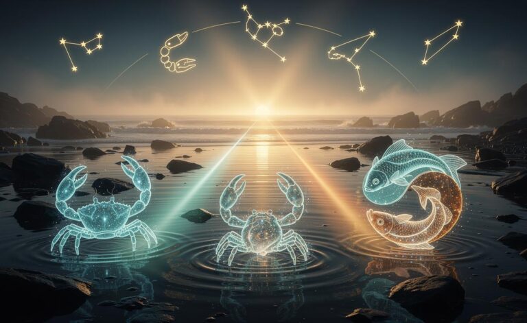 Illustration of [Cancer, Scorpio, and Pisces—the three water signs—entering a fortunate new era on 1 January 2026]