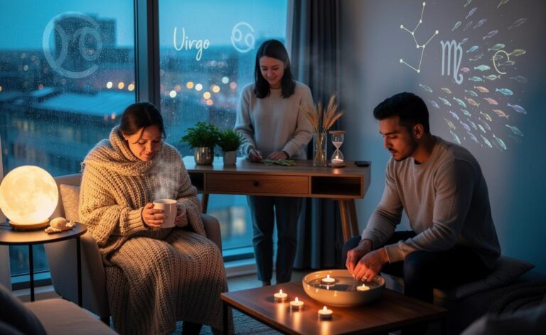 Illustration of three zodiac signs—Cancer, Virgo, and Pisces—experiencing a gentle emotional reset on 4 January 2026