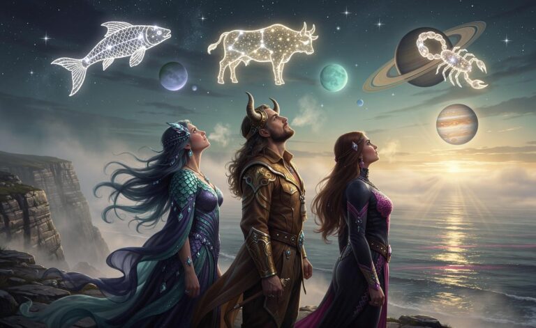 Illustration of the three zodiac signs—Pisces, Taurus, and Scorpio—finally feeling relief as 2026 begins, influenced by Saturn in Aries, Uranus in Gemini, and Jupiter in Cancer