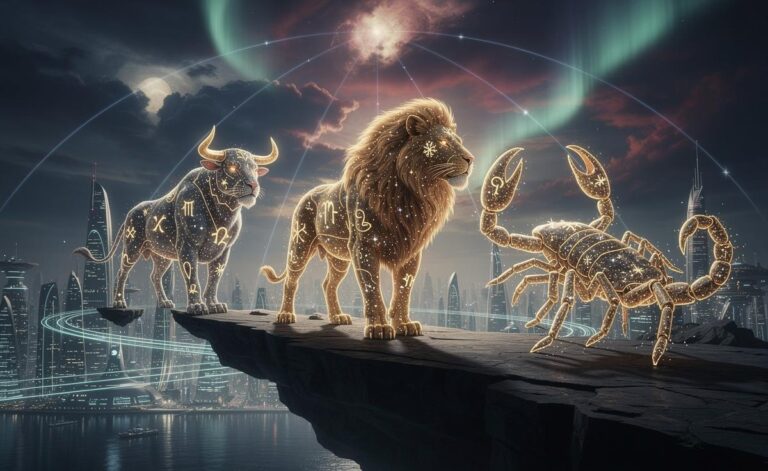 Illustration of Taurus, Leo, and Scorpio navigating intense cosmic changes on 10 January 2026