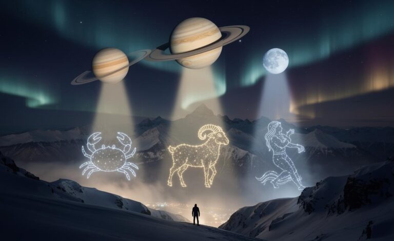 Illustration of Cancer, Aries, and Aquarius receiving a cosmic boost on 7 January 2026