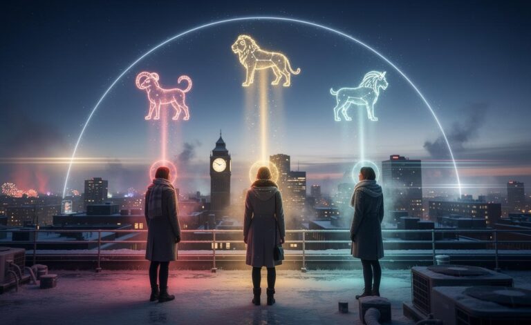 Illustration of Aries, Leo, and Capricorn receiving a powerful sign from the universe on January 1, 2026