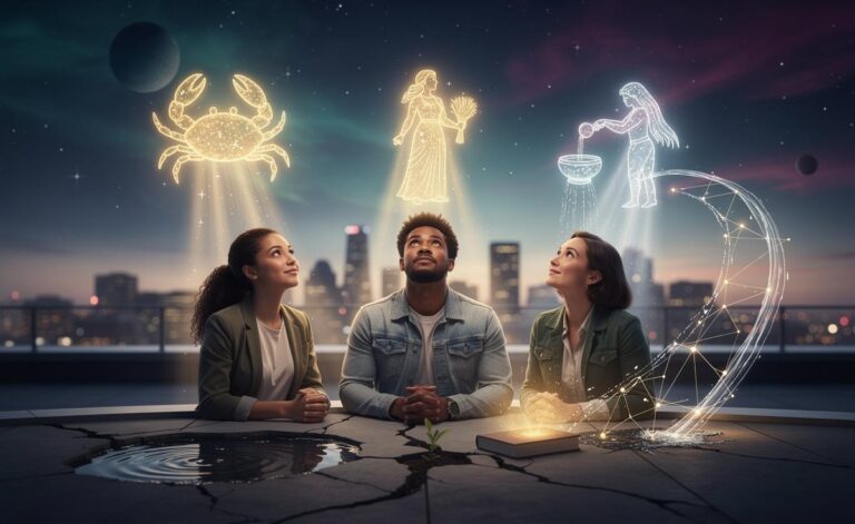 Illustration of Cancer, Virgo, and Aquarius receiving unforeseen support from the universe today