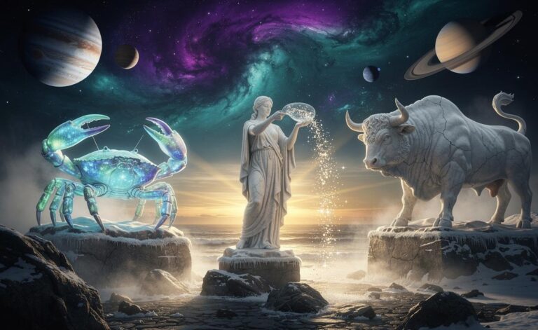 Illustration of Cancer, Taurus, and Aquarius starting a prosperous new chapter on 8 January 2026 under Jupiter in Cancer, Saturn in Aries, and Pluto in Aquarius