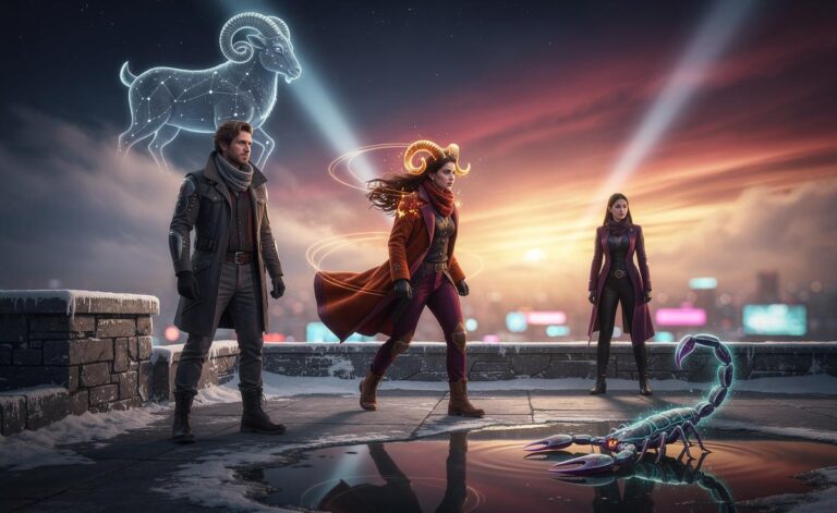Illustration of Capricorn, Aries, and Scorpio stepping into decisive energy on 3 January 2026