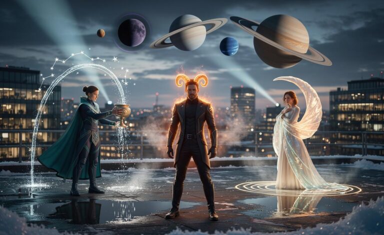 Illustration of Aquarius, Aries, and Cancer undergoing a transformative phase on 11 January 2026