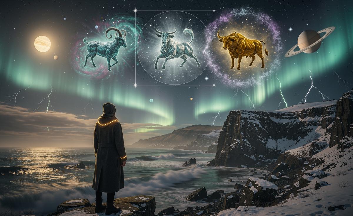 Illustration of the cosmic shift on 6 January 2026 affecting Aries, Cancer and Taurus under a Jupiter–Saturn square, with Pluto in Aquarius and Uranus in Taurus