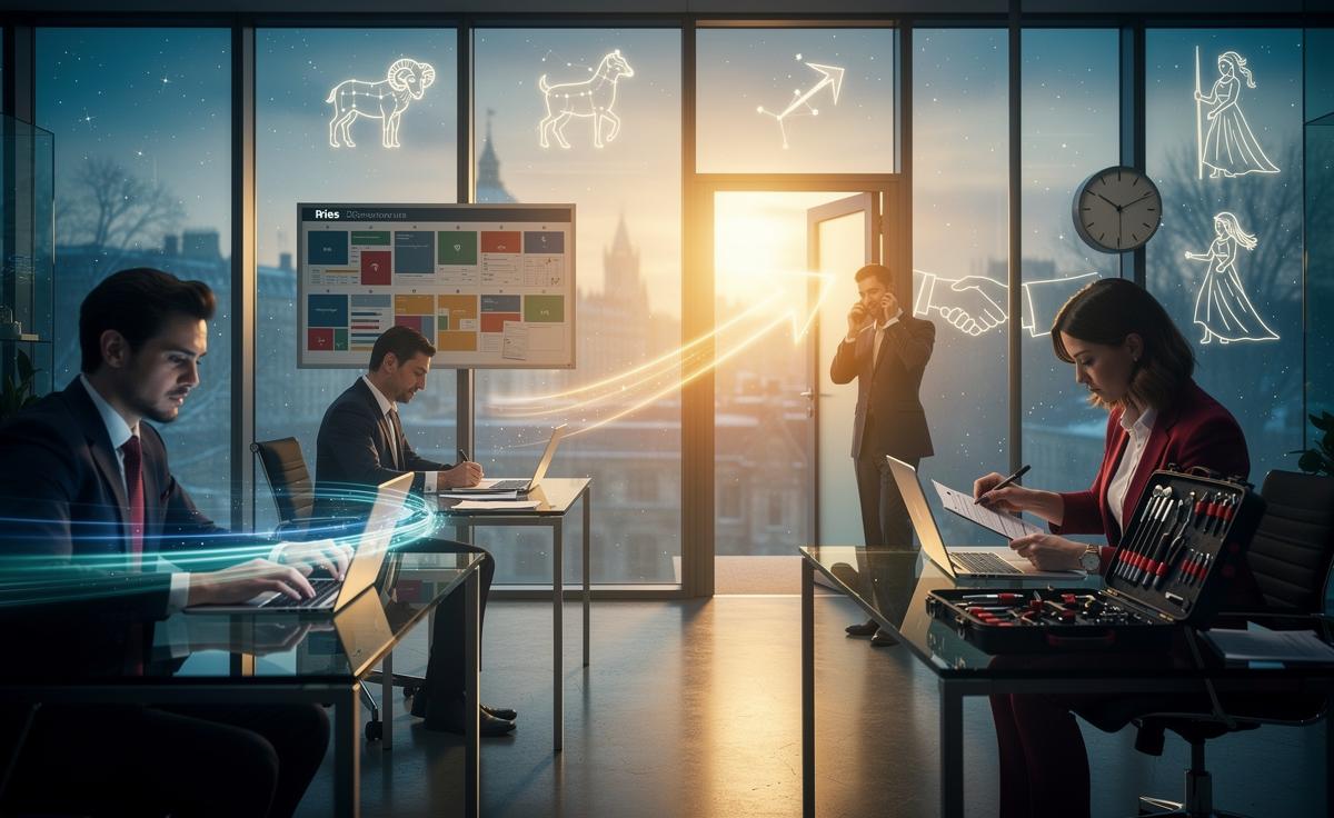 Illustration of four zodiac signs—Aries, Capricorn, Sagittarius, and Virgo—actively creating opportunities through timely action on 3 January 2026