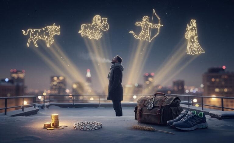 Illustration of four zodiac signs—Taurus, Aquarius, Sagittarius, and Virgo—encountering unexpected blessings on January 11, 2026