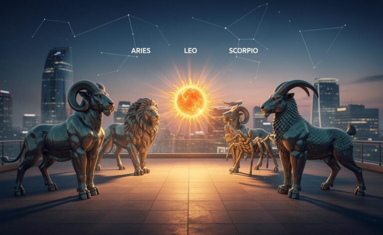 Illustration of four zodiac signs—Aries, Leo, Scorpio, and Capricorn—experiencing a confidence boost on 3 January 2026