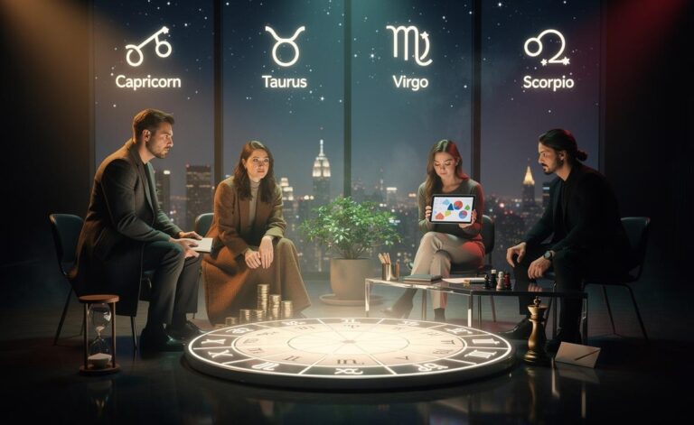 Illustration of four zodiac signs—Capricorn, Taurus, Virgo, and Scorpio—experiencing a sense of control on January 2, 2026