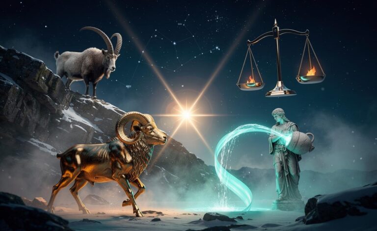 Illustration of four zodiac signs—Aries, Libra, Capricorn, and Aquarius—experiencing assertive breakthroughs on January 3, 2026