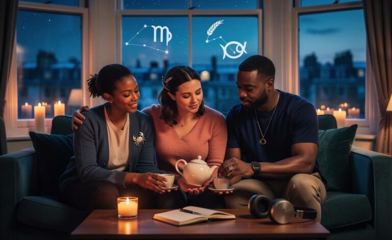 Illustration of Cancer, Virgo, Scorpio, and Pisces receiving gentle emotional support on 4 January 2026