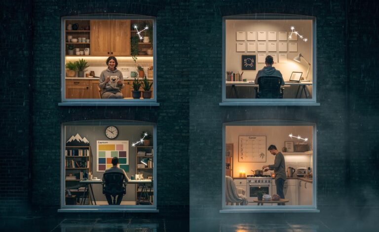 Illustration of four zodiac signs—Taurus, Virgo, Capricorn, and Cancer—finding comfort in routine on 2 January 2026