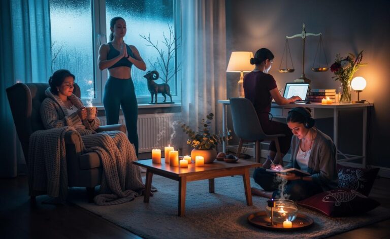 Illustration of four zodiac signs—Cancer, Aries, Libra, and Pisces—focusing on self-care on 6 January 2026