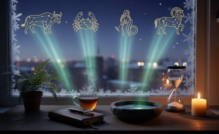 Illustration of four zodiac signs—Taurus, Cancer, Virgo, and Capricorn—receiving reassuring cosmic signals on January 4, 2026
