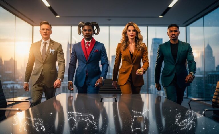 Illustration of four zodiac signs—Capricorn, Aries, Leo, and Scorpio—stepping into leadership roles on 3 January 2026